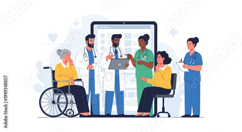 Healthcare Team Consulting Diverse Patients. Doctors, Nurses, Elderly Woman in Wheelchair & Young Patient. Digital Health and Modern Medical Care.