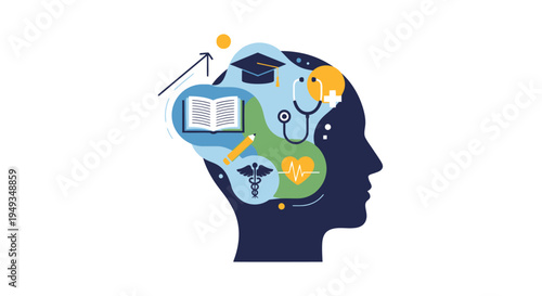 Human Mind & Intellect: Education, Health, & Growth Concept with Learning, Medical, and Career Icons