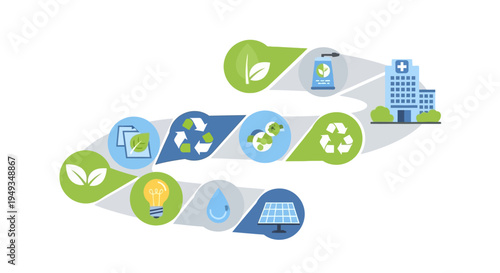Green Hospital & Sustainable Healthcare Infographic: Eco-Friendly Practices, Renewable Energy, Water Conservation, Recycling, and Environmental Responsibility