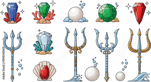 Fantasy underwater treasure collection featuring magical tridents sparkling pearls oceanic gemstones coral reefs and seashells for game design and maritime illustrations.