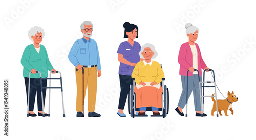 Senior Citizens with Mobility Aids, Caregiver, and Pet Dog Illustration