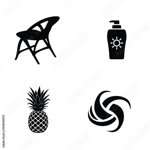Tropical and summer in black silhouettes chair sunscreen pineapple swirl