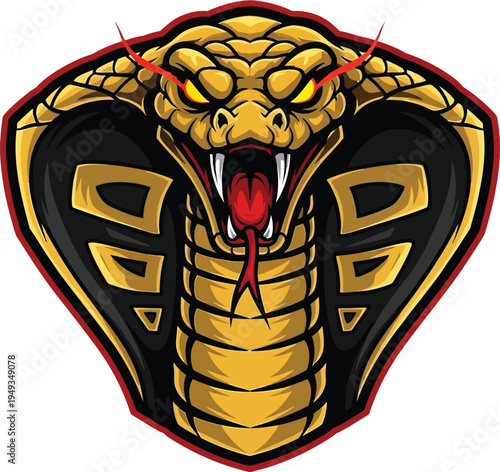 Intense golden cobra head displays a wide open mouth with a flickering red tongue and menacing eyes against a dark background.