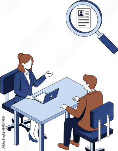 Vector illustration of job interview scene with recruiter and candidate at desk, symbolizing recruitment, hiring, resume review, career, employment, business communication, and professional 