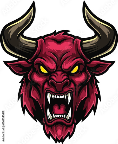 Furious red bull head mascot design features sharp horns and bared teeth against a white background.