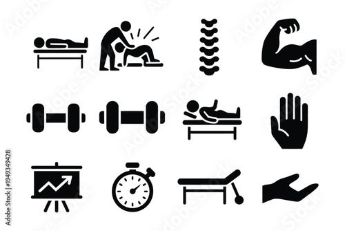 Physiotherapy icon set, solid icon set of physiotherapy session, therapist, patient, stretching, spine, muscle, dumbbell, band, mat, rehabilitation and mobility recovery concept.