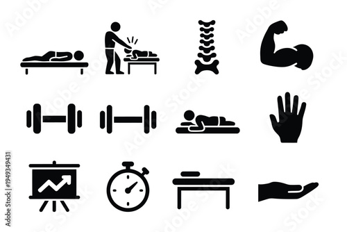Physiotherapy icon set, solid icon set of physiotherapy session, therapist, patient, stretching, spine, muscle, dumbbell, band, mat, rehabilitation and mobility recovery concept.