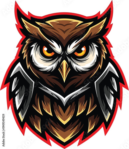 A stylized portrait of a fierce owl mascot features striking orange eyes and detailed plumage bordered by a vibrant red shape.