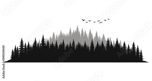 Silhouetted forest landscape with a flock of birds flying overhead