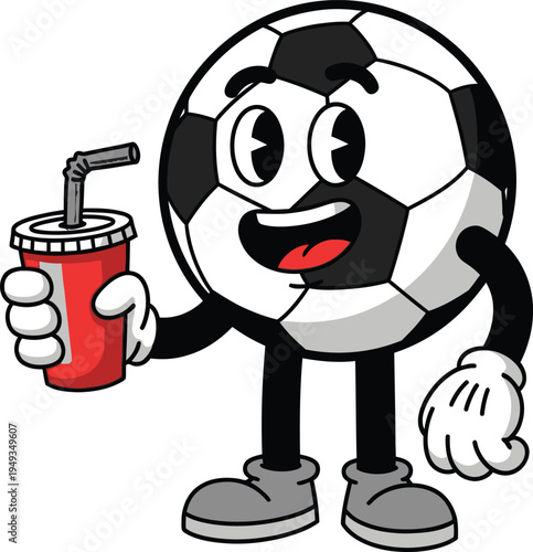 Tropy soccer ball character holding red cup isolated on transparent background