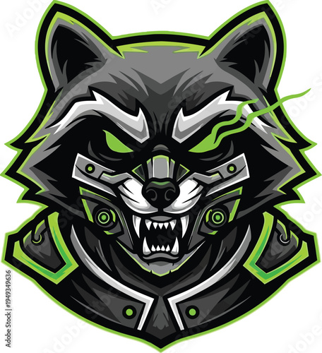 A fierce cyberpunk raccoon mascot head features glowing green robotic enhancements and sharp teeth against a white background.