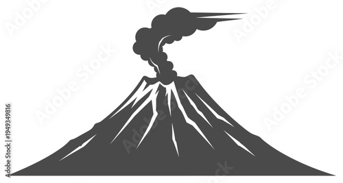 A stylized black silhouette of a volcanic eruption with smoke and lava flow