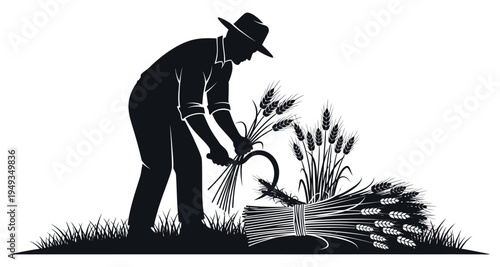 A black and white illustration depicts a farmer harvesting wheat in a field