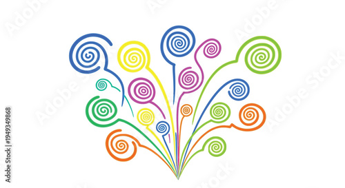 Colorful spiral shapes burst from a central point in an abstract design