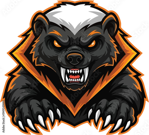 Ferocious honey badger mascot head illustration features bared teeth and glowing eyes on a white background.
