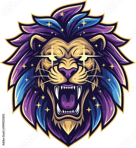 A vibrant, roaring lion head illustration displays a colorful mane composed of purple and blue hues with sparkling stars surrounding the face.