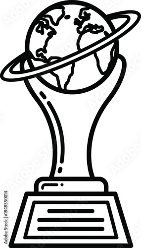 Trophy with earth and ring isolated on transparent background symbolizing global achievement and award