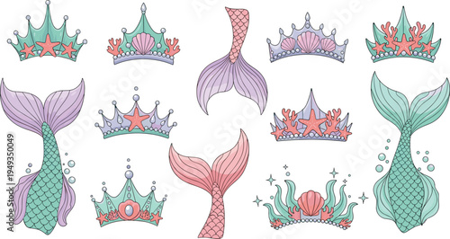 Hand drawn mermaid tail and princess crown vector set with starfish coral and seashells for magical underwater birthday parties and nautical illustrations.