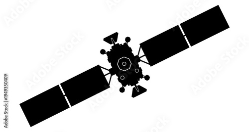 A black silhouette of a satellite with large rectangular solar panels