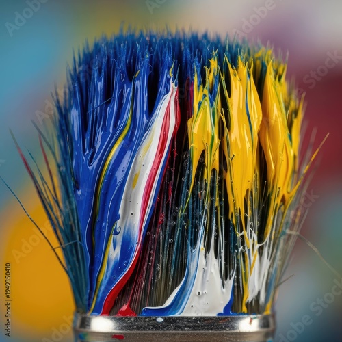 Close up of a paintbrush with colorful splashes of paint