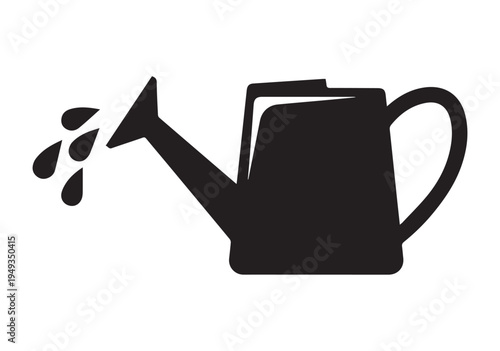 Vector icon set watering cans multiple silhouettes pouring water close up plant detail top view side view flat design minimal.