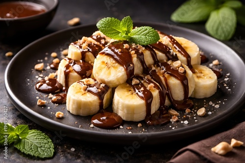 Banana dessert with chocolate drizzle on dark background, gourmet plating sweet tropical fruit treat, elegant food photography with dramatic lighting