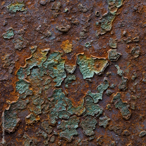 Close up of weathered metal surface with peeling paint and rust texture