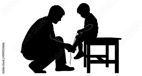 A father carefully ties his young child s shoelaces on a wooden stool