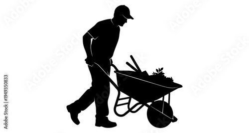 Silhouette of a gardener pushing a wheelbarrow filled with garden waste