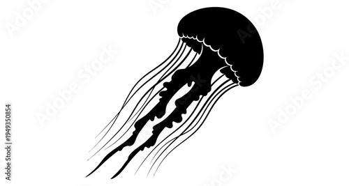 A simple black silhouette of a jellyfish against a stark white background