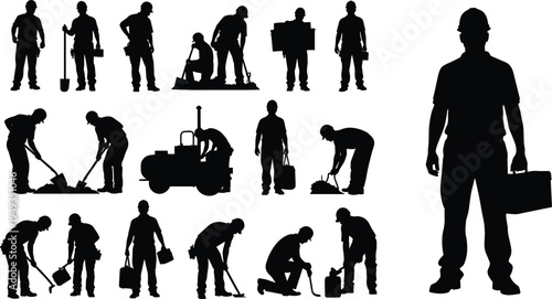 worker, construction, silhouette, industrial, laborer, builder, helmet, tool, digging, equipment, building, professional, manual, site, job,