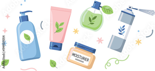 Cute Natural Skincare Products Illustration Set with Lotion Cream Perfume Spray Jar Herbal Leaves Sparkles and Eco Elements for Organic Beauty Wellness and Spa Designs