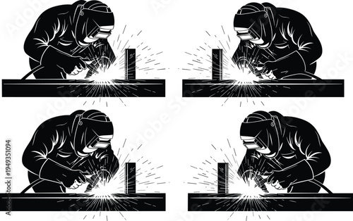 Black silhouette of welder working with sparks on white background, industrial metal worker in protective mask welding steel in factory