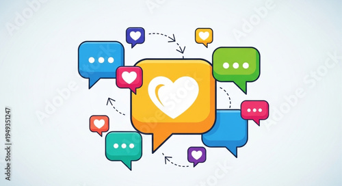 Social media communication and connection with heart icon.