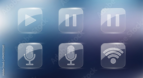 Set of six transparent glass media control icons on a blurred background.