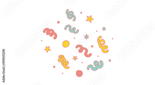 Colorful confetti and stars float playfully against a white background