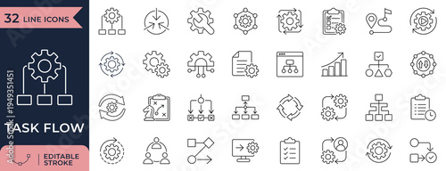 Business workflow and process management line icons for task automation systems
