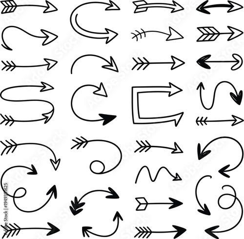 Collection of hand drawn arrows and directional symbols