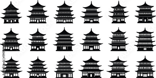 Collection of black pagoda silhouettes on white background, traditional Japanese and Chinese temple icons set, oriental architecture for travel and culture