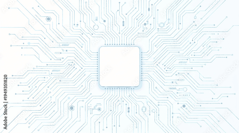 Obraz premium Intricate light blue circuit board design with central white square on minimalist background