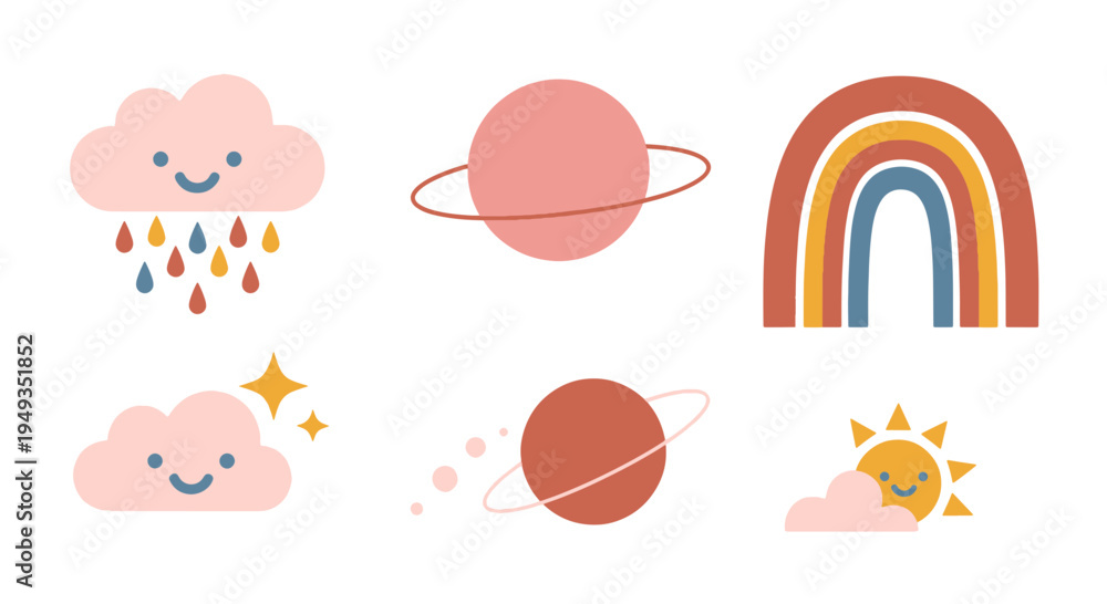 Fototapeta premium Adorable Weather and Space Elements Collection with Happy Clouds Sun Rainbow and Planets