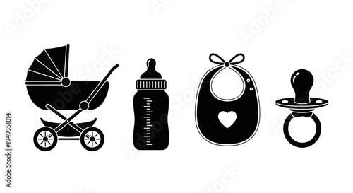 Black Silhouette Icons Featuring a Pram Bottle Bib and Pacifier Essential Baby Items