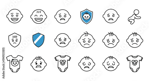 Collection of Outline Icons Depicting Various Baby Emotions from Happy Smiles to Sad Cries and Essential Concepts of Child Protection