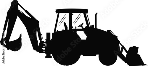 Black silhouette of backhoe loader excavator construction vehicle on white background, industrial heavy machinery equipment for digging, earthmoving and building work