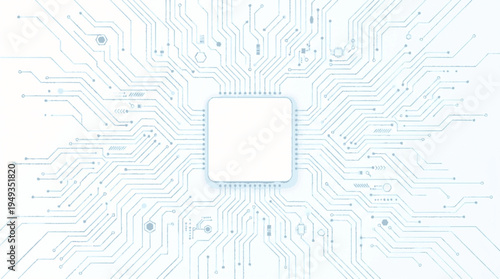 Intricate light blue circuit board design with central white square on minimalist background
