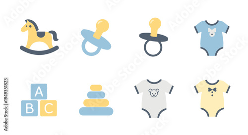 Collection of Adorable Baby Toys and Clothing Essentials Flat Design Concept for Nursery Items