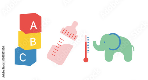 Colorful Abc Blocks Infant Bottle Red Thermometer and Cute Elephant Representing Early Childhood