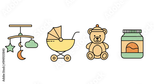 Cute Baby Essentials Set with a Mobile Pram Teddy Bear and Food Jar in Pastel Flat Design Style