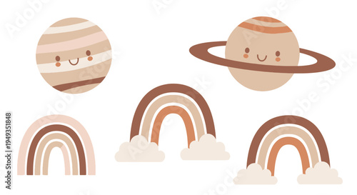 Cute Celestial Elements Set with Smiling Planets and Earthy Boho Rainbows Perfect for Nursery Design