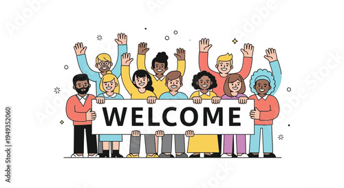 A diverse group of people holding a welcome sign with outstretched arms